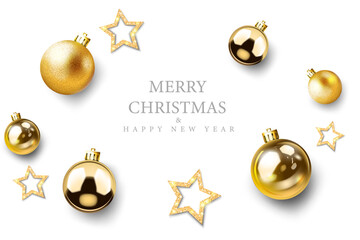 gold christmas balls,stars decorative abstract merry christmas and happy new year celebration white 