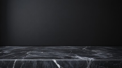 Poster - Empty black marble surface with a sleek black wall in the background, ideal for showcasing modern and elegant products.