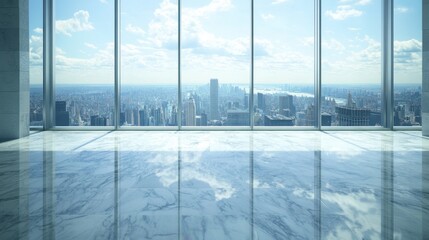 Wall Mural - Empty marble floor with a panoramic view of the city skyline and blue sky, perfect for modern urban-themed product showcases