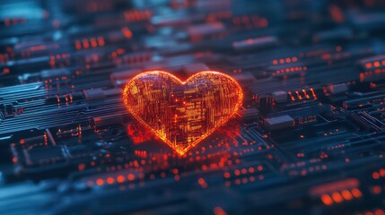Poster - A glowing red heart sits on a circuit board, representing the digital age of love.