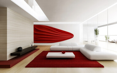 Modern minimalist living room featuring a striking red accent wall and sleek white furniture