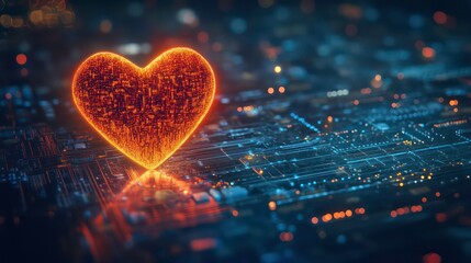 Poster - A glowing red heart symbol is placed on a futuristic looking circuit board.