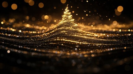 Poster - A Christmas tree silhouette emerges from intertwining golden and silver lines set against a deep, dark background, shimmering with elegance. Generative AI