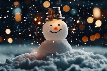 A cheerful snowman wearing a small hat captured amidst gently falling snow and bright bokeh lights, embodying playful whimsy and winter’s festive atmosphere.