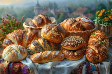 Assortment of Freshly Baked Artisan Breads with Seeds and Toppings in Country Setting with Rustic Baskets and Colorful Flowers  bread