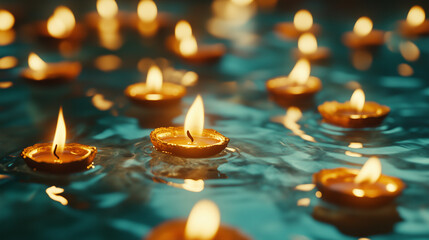 Wall Mural - Burning candles in water for Diwali holiday