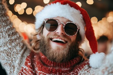 A joyful person wearing a Santa hat and glasses smiles brightly in a festive setting with decorative lights, embodying the spirit of holiday cheer and fun.