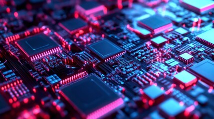 Poster - Close-up of a circuit board with neon pink and blue lighting.