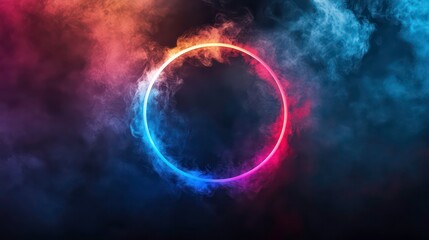 Poster - Glowing neon circle ring in colorful smoke on a black background.