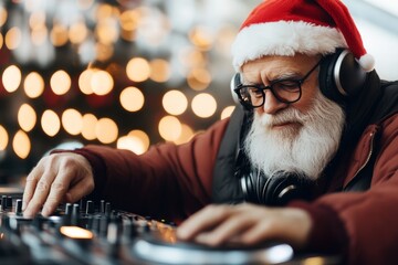 Santa Claus, in his Santa hat and headphones, is deeply engaged in crafting festive beats on a DJ deck, surrounded by warm light bokeh, portraying musical mastery.