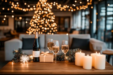 A warm and festive setting featuring a bottle of wine and glasses next to a wrapped gift on a table, adorned with candles and a glowing Christmas tree in the background.