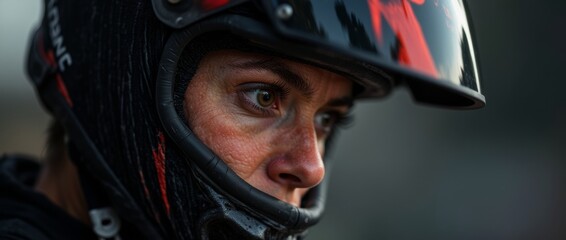 Determination and focus. Close-up of female racer in element, showing concentration. Ready to conquer the track