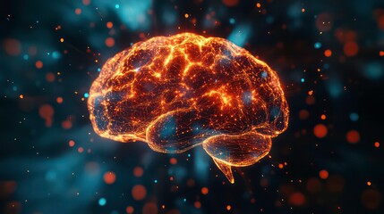Poster - A glowing, fiery human brain against a dark, starry background, representing intelligence, learning, and creativity.