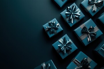 Poster - Saturated gift boxes with elegant bows are artfully arranged on a dark surface, showcasing festive colors perfect for celebrations. Generative AI