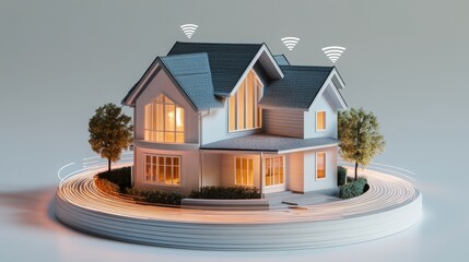 Poster - Modern 3D house model with WiFi signals around it, representing connectivity and smart home innovation.