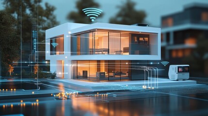Poster - Modern 3D house model with WiFi signals around it, representing connectivity and smart home innovation.