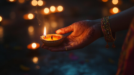 Wall Mural - Burning candle in hand for Diwali holiday