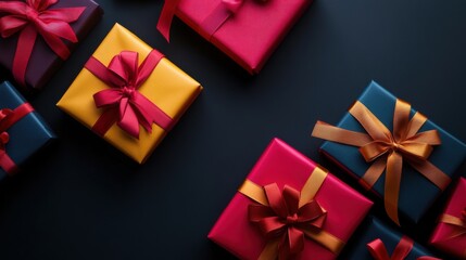 Poster - Colorful gift boxes tied with bows are thoughtfully arranged on a dark surface, creating a joyful atmosphere ideal for any celebration. Generative AI