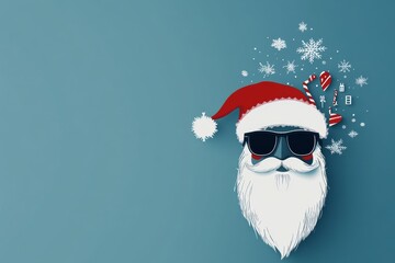 A creative illustration features a modern take on Santa Claus with a stylized beard, sunglasses, and festive elements like snowflakes, set on a blue background.