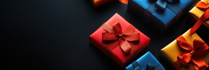 Poster - Brightly colored gift boxes with intricate bows sit elegantly against a dark backdrop, ready to celebrate a special event or occasion. Generative AI