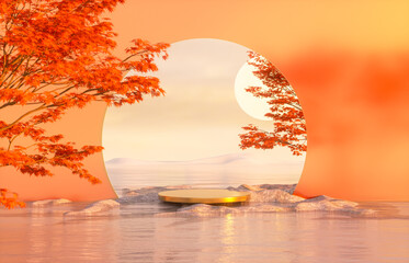 Poster - Natural podium backdrop for product display with Autumn seascape scene. 3d rendering