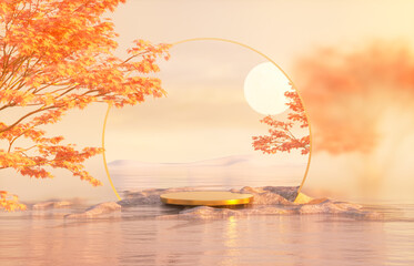 Poster - Natural podium backdrop for product display with Autumn seascape scene. 3d rendering