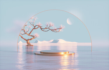 Poster - Natural podium backdrop for product display with Autumn seascape scene. 3d rendering