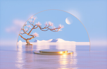 Poster - Natural podium backdrop for product display with Autumn seascape scene. 3d rendering
