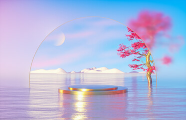 Fototapete - Natural podium backdrop for product display with Autumn seascape scene. 3d rendering
