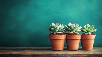 Potted plants sit on a warm wooden table with a vibrant green wall behind them, perfect for highlighting eco-friendly design.