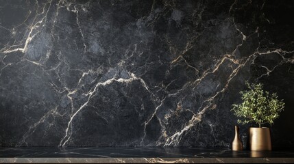 Poster - Smooth black marble table surface against a dark textured wall, minimalistic yet sophisticated product photography backdrop.