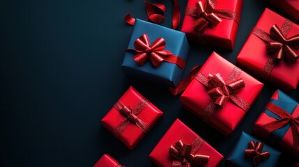 Poster - A collection of red and blue gift boxes with shiny bows is beautifully arranged on a dark surface, perfect for celebration. Generative AI