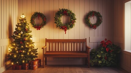 A charming holiday entryway with a wooden bench, a small Christmas tree, and holiday wreaths hung on the walls. The space is warm and welcoming, with soft lighting and natural holiday decor.