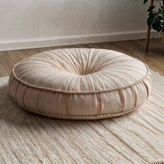 A large, neutral-colored floor cushion with simple stitching and no patterns, placed on a white background.

