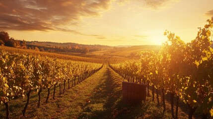 Poster - A serene vineyard at sunset with rows of grapevines stretching into the distance, Pruning shears and baskets ready for harvest, Winemaking tradition style