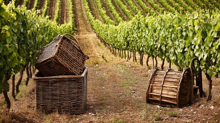 Poster - A serene vineyard with neatly aligned rows of grapevines, Viticulture tools and harvest baskets set up for wine production, Classic photo of