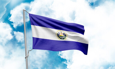 El Salvador flag waving on sky background. 3D Rendering