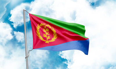 Eritrea flag waving on sky background. 3D Rendering