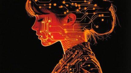 Poster - Woman silhouette linked with a circuit board design, highlighting technological advancements and connections