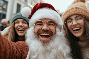 A group of friends, including a beaming Santa Claus, take a cheerful selfie in a bustling city street, capturing the spirit of friendship and holiday happiness.