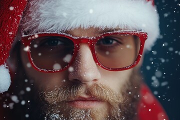 A close-up portrait of a person wearing a red Santa hat with red sunglasses, showcasing a bearded face with snowflakes gently falling around.