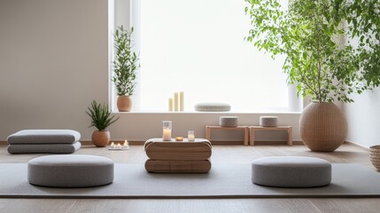 Poster - A serene yoga and meditation room with mats and cushions, Yoga blocks, meditation cushions