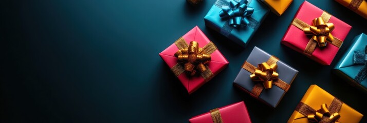 Aufkleber - Colorful gift boxes with shiny bows are artfully arranged on a dark surface, creating a festive atmosphere ideal for any celebration. Generative AI