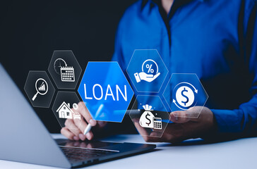 Loan and lending cash for asset purchase concept. Digital interface featuring loan and financial icons, lending, interest rates, asset purchases, and financial management for individuals or businesses