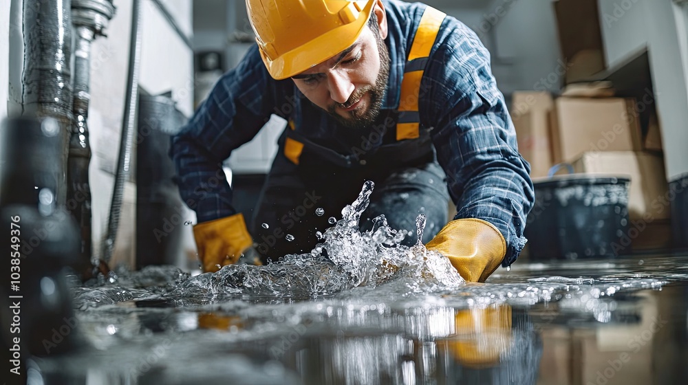 Emergency plumbing service fixing a pipe leak in a basement, with water spilling and the plumber in action, preventing further damage to property.