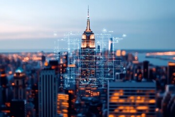 Poster - A futuristic digital visualization of a well-known city skyline with detailed blueprint overlays, showcasing architectural marvels and urban planning concepts.