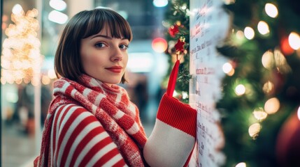 Wall Mural - Half body shot of a British woman with a short bob haircut, wearing a festive red and white striped scarf, holding a Christmas stocking, standing near a company notice board decorated