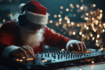 A Santa Claus figure in a festive atmosphere using DJ equipment and headphones, set against a vibrant background illuminated by warm, glowing lights and bokeh effect.