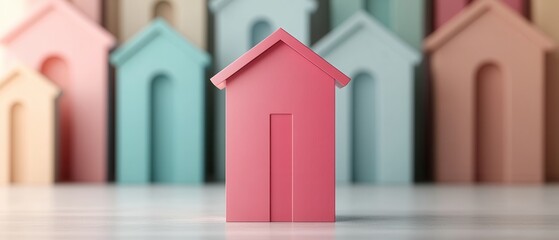 A colorful collection of miniature houses with a prominent pink house in the foreground, showcasing a playful and creative theme.