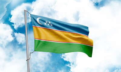 Karakalpakstan flag waving on sky background. 3D Rendering